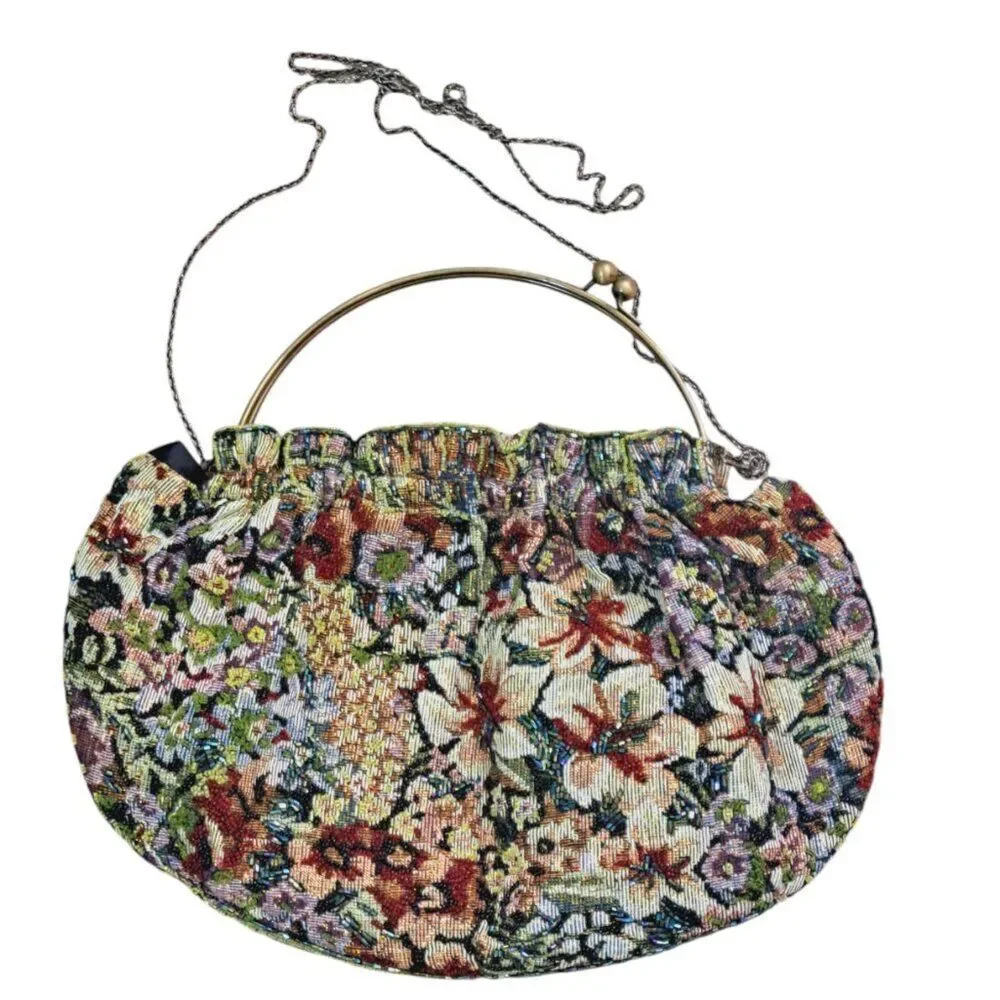Women's Vintage Tapestry Beaded Floral Multi Color Bag Purse Kiss Lock